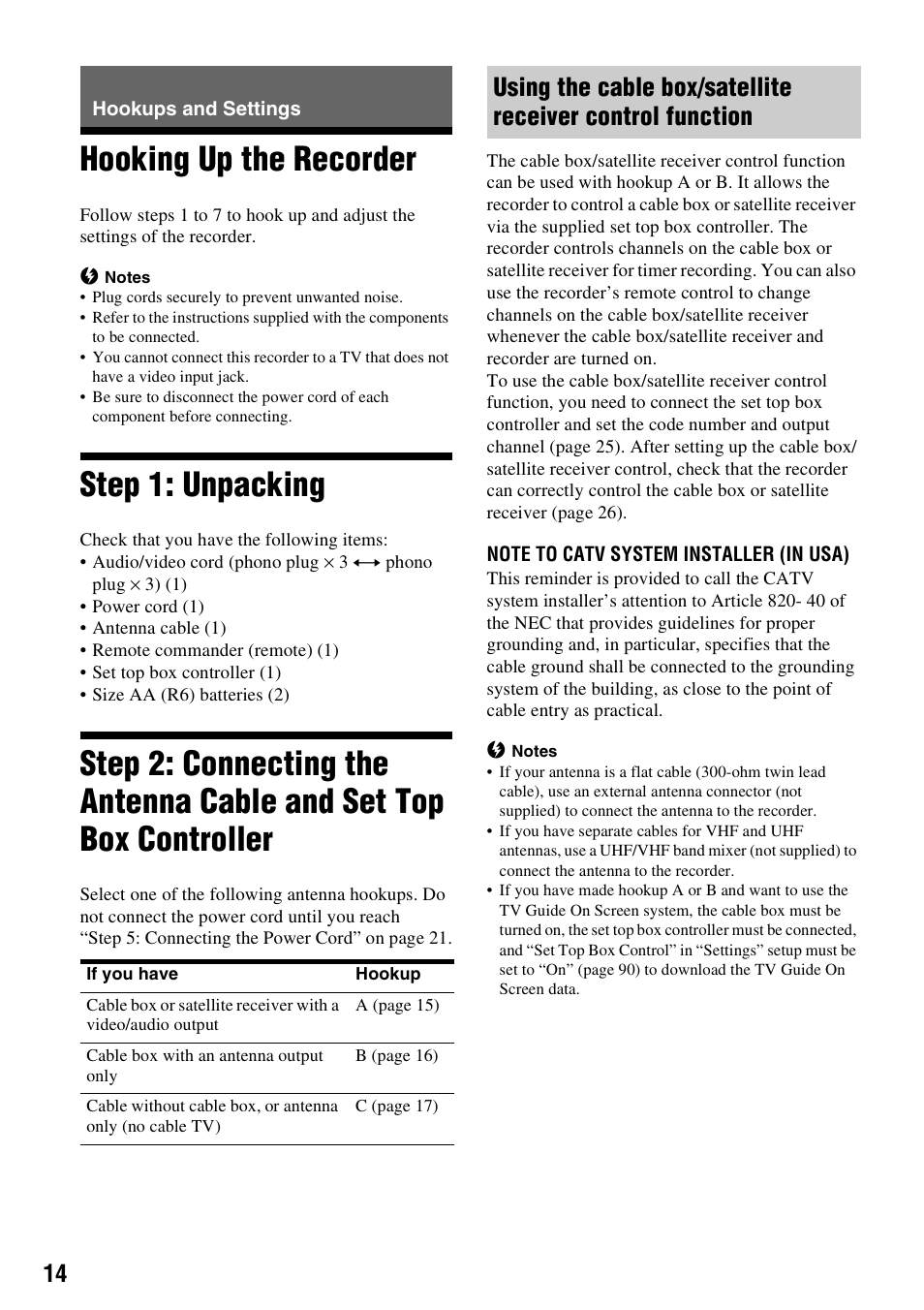 Hookups and settings, Hooking up the recorder, Step 1: unpacking | Sony RDR-HX715 User Manual | Page 14 / 124