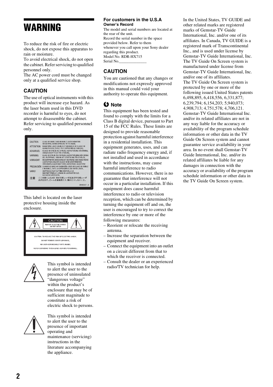 Warning | Sony RDR-HX715 User Manual | Page 2 / 124