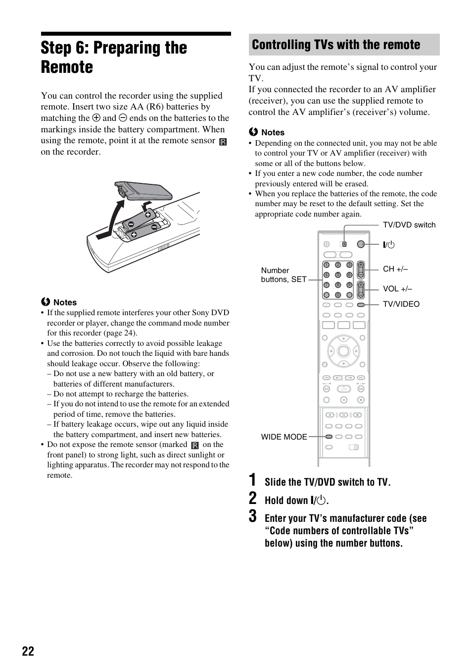 Step 6: preparing the remote, Controlling tvs with the remote | Sony RDR-HX715 User Manual | Page 22 / 124