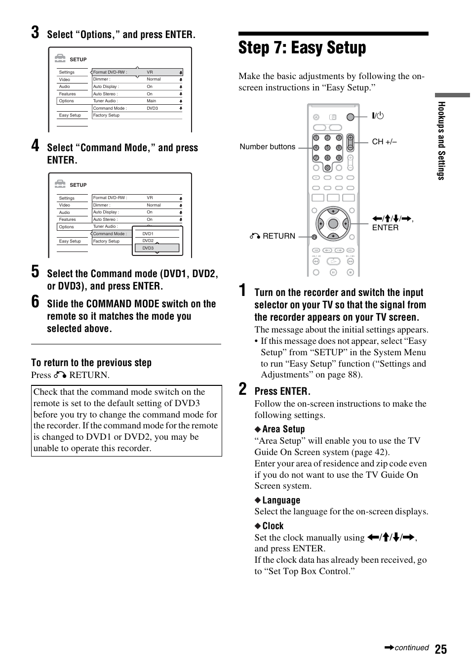 Step 7: easy setup, Select “options,” and press enter, Select “command mode,” and press enter | Press enter, Press o return | Sony RDR-HX715 User Manual | Page 25 / 124