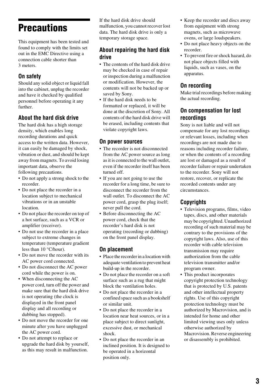 Precautions | Sony RDR-HX715 User Manual | Page 3 / 124