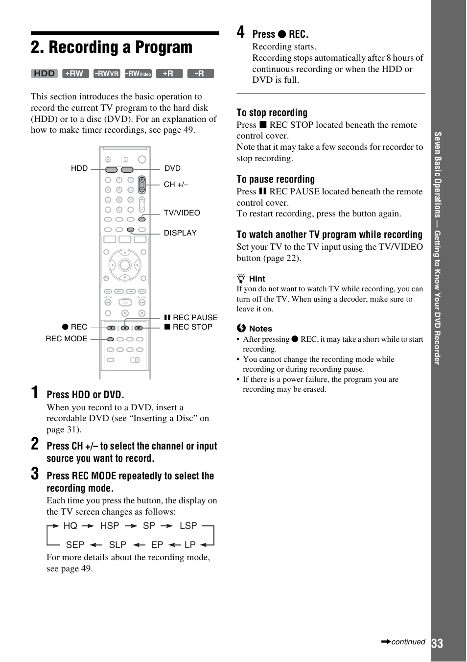 Recording a program | Sony RDR-HX715 User Manual | Page 33 / 124