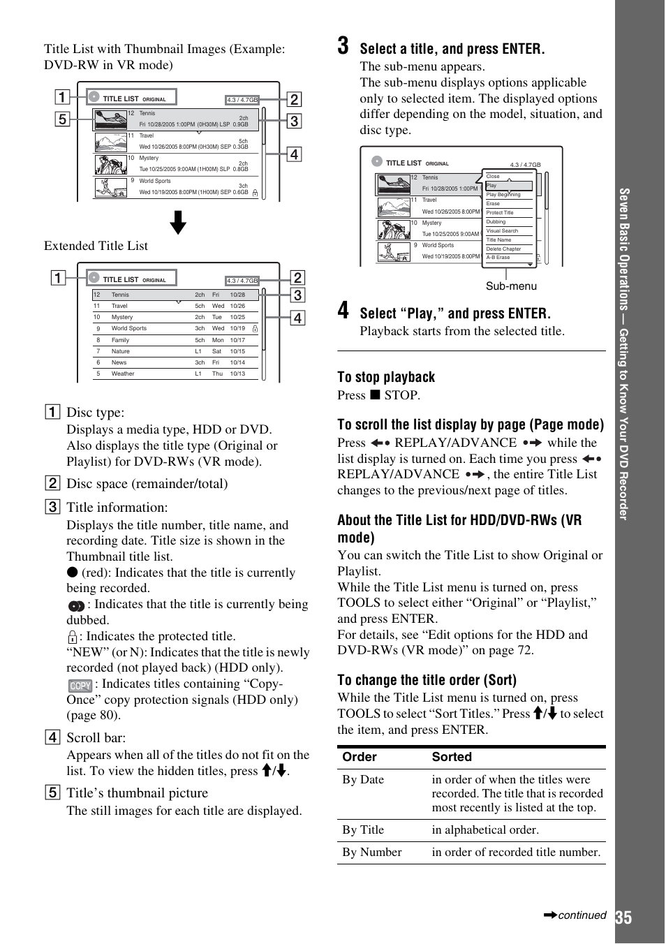 A disc type, B disc space (remainder/total) c title information, D scroll bar | E title’s thumbnail picture, Select a title, and press enter, Select “play,” and press enter, About the title list for hdd/dvd-rws (vr mode), The still images for each title are displayed, Playback starts from the selected title, Press x stop | Sony RDR-HX715 User Manual | Page 35 / 124