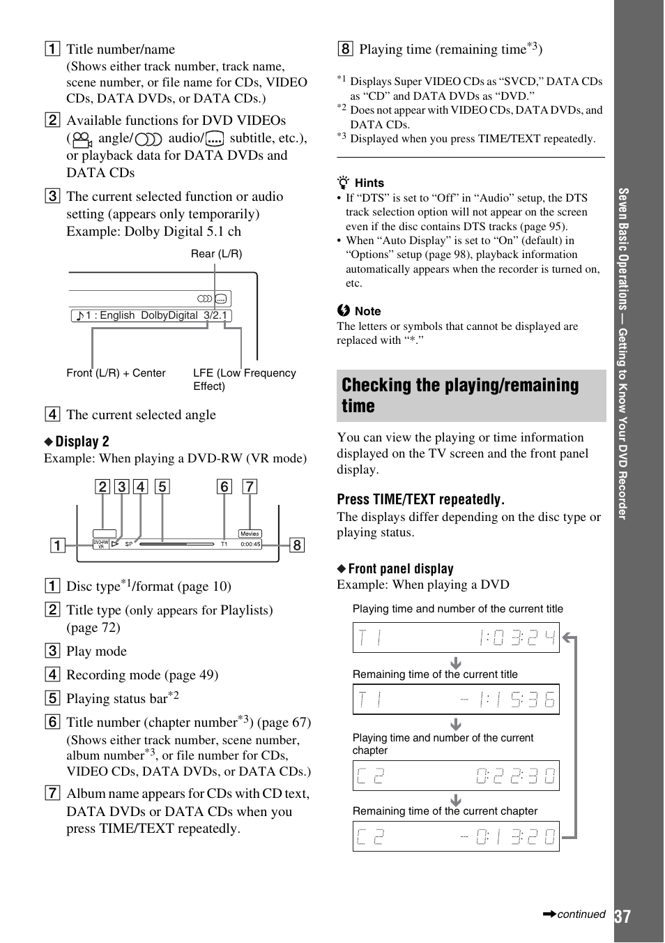 Checking the playing/remaining time | Sony RDR-HX715 User Manual | Page 37 / 124