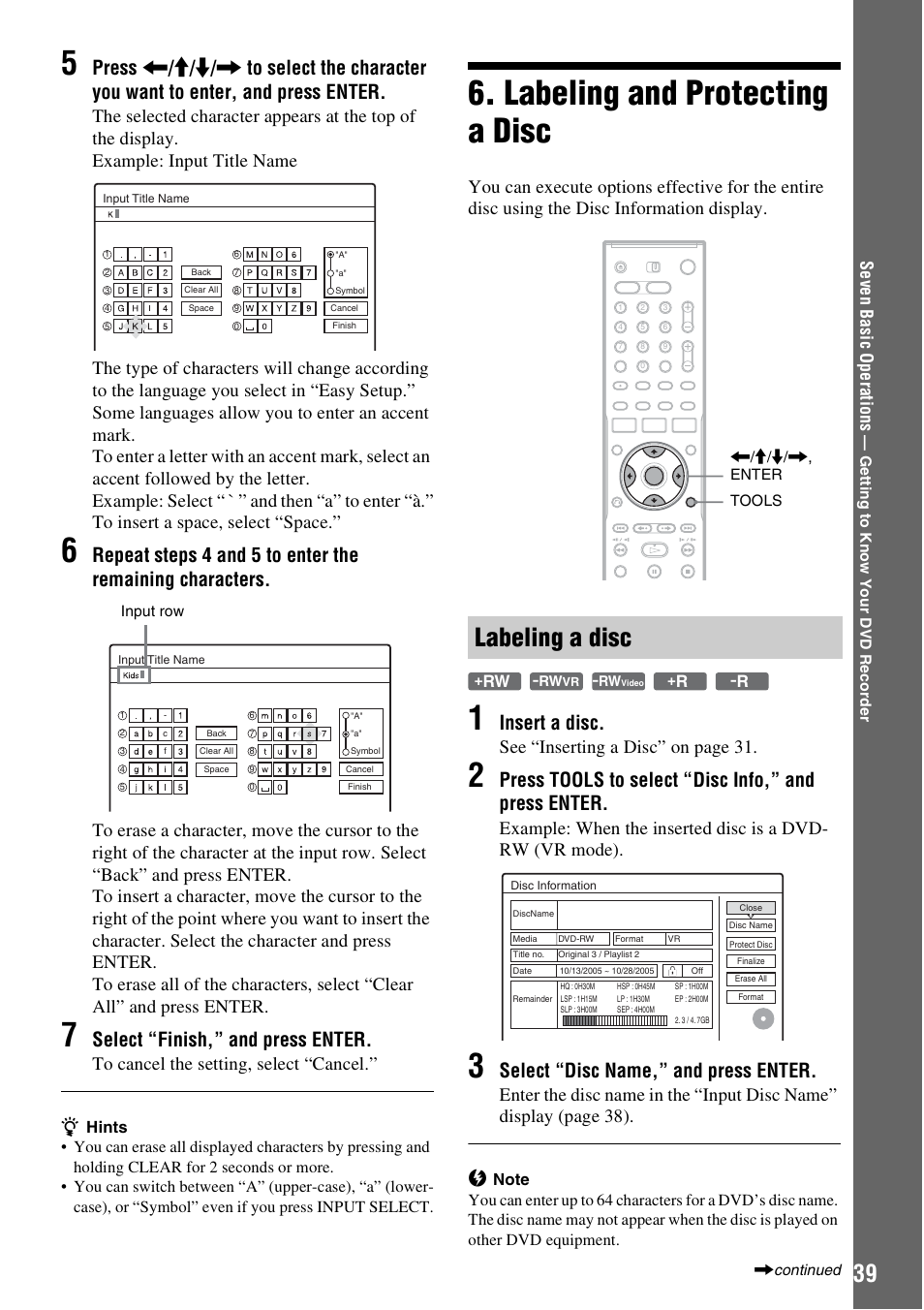 Labeling and protecting a disc, Labeling a disc, Select “finish,” and press enter | Insert a disc, Press tools to select “disc info,” and press enter, Select “disc name,” and press enter, See “inserting a disc” on page 31 | Sony RDR-HX715 User Manual | Page 39 / 124