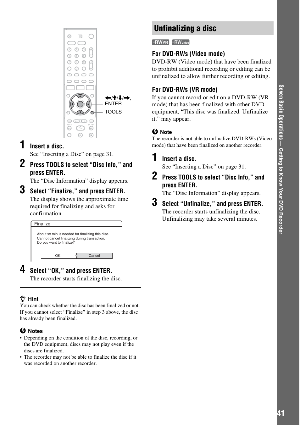 Unfinalizing a disc | Sony RDR-HX715 User Manual | Page 41 / 124