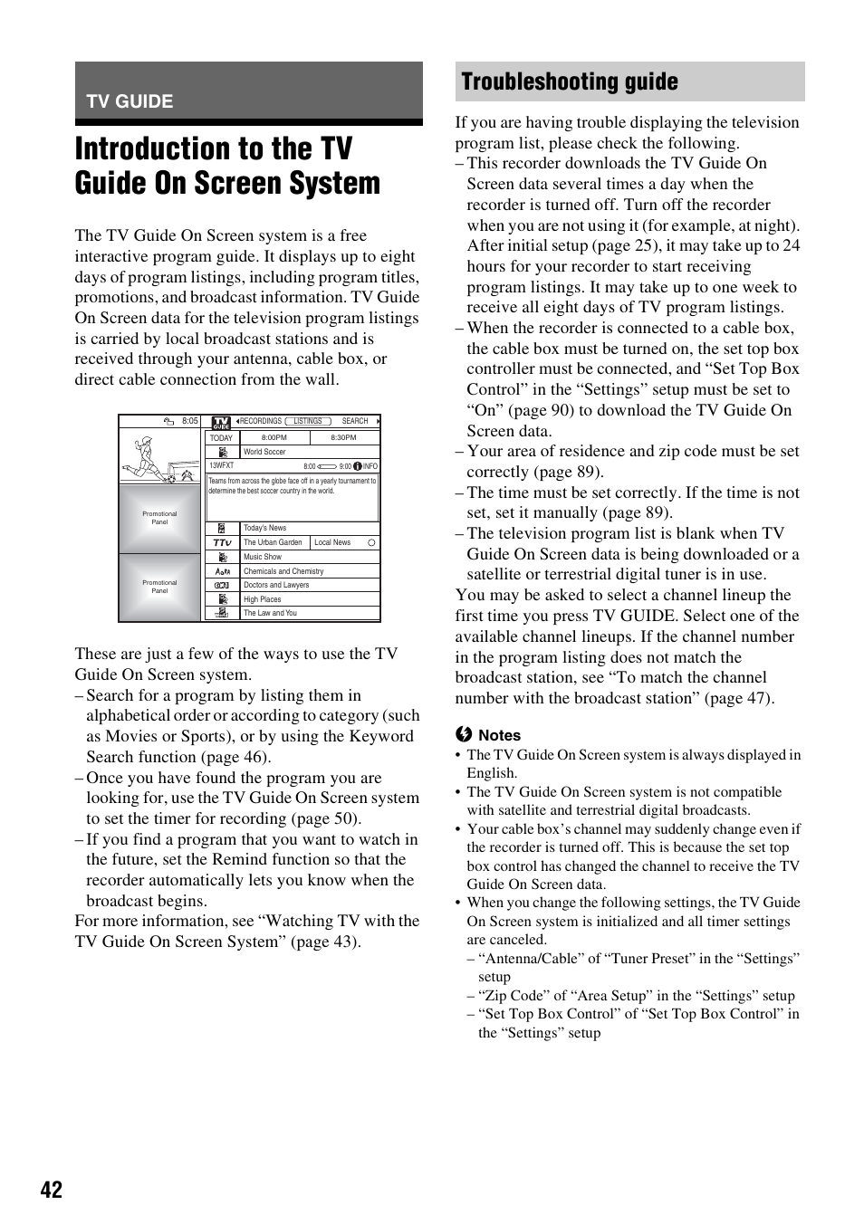 Tv guide, Introduction to the tv guide on screen system, Troubleshooting guide | Sony RDR-HX715 User Manual | Page 42 / 124