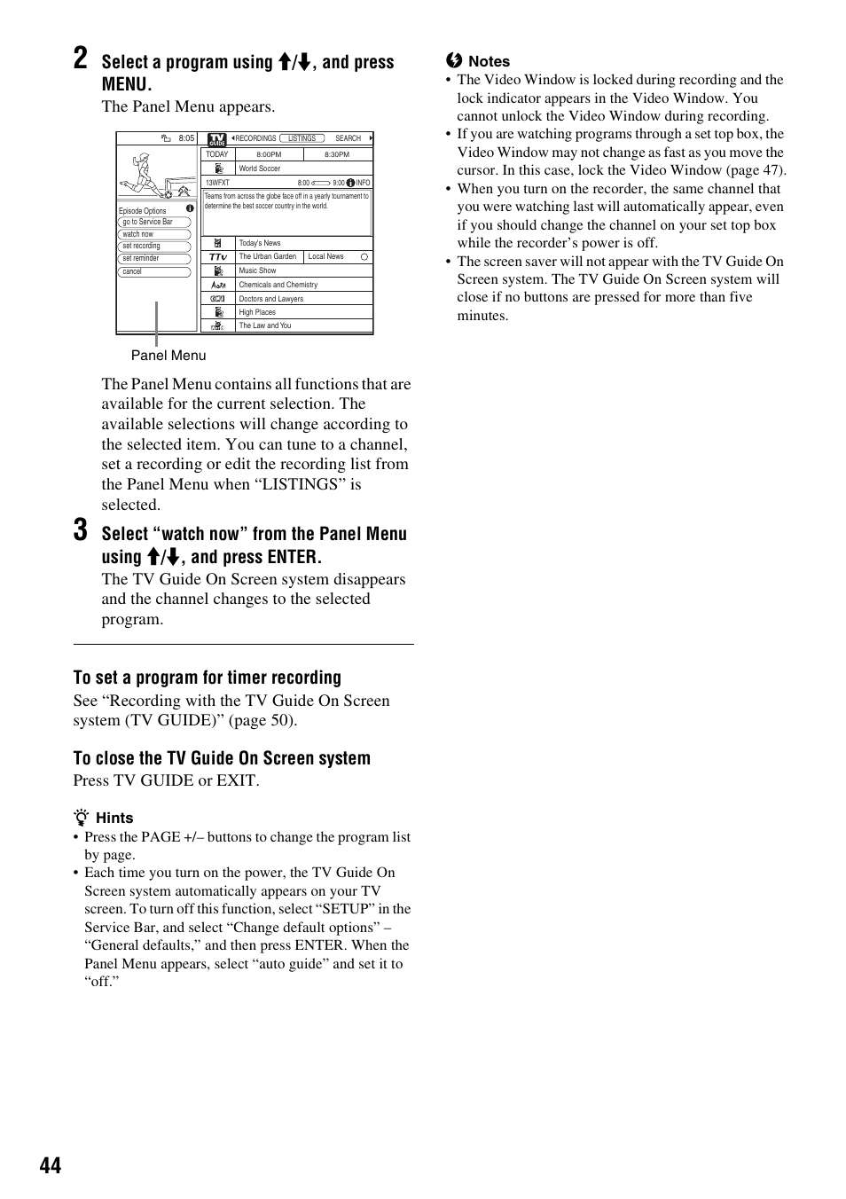 Select a program using m / m , and press menu, Press tv guide or exit | Sony RDR-HX715 User Manual | Page 44 / 124