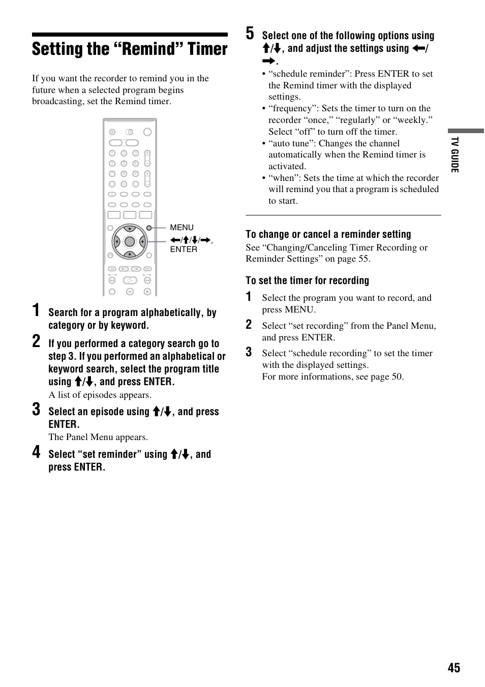 Setting the “remind” timer | Sony RDR-HX715 User Manual | Page 45 / 124