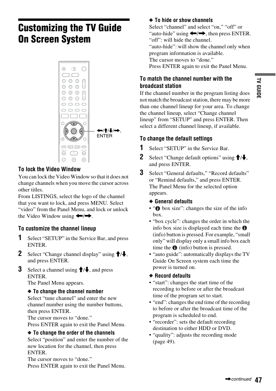 Customizing the tv guide on screen system | Sony RDR-HX715 User Manual | Page 47 / 124