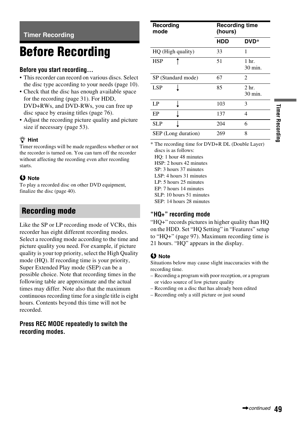 Timer recording, Before recording, Recording mode | Sony RDR-HX715 User Manual | Page 49 / 124