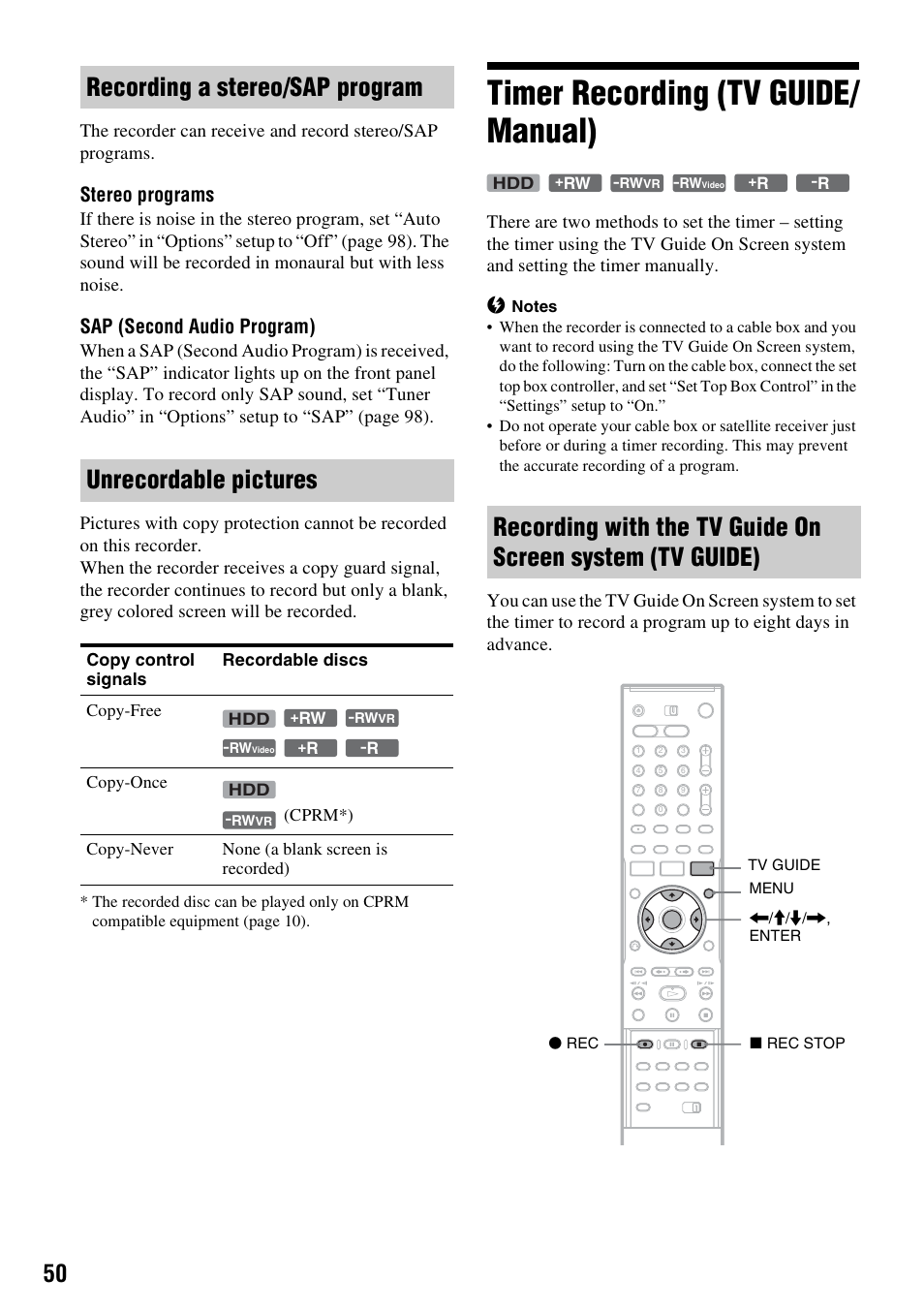 Recording a stereo/sap program, Unrecordable pictures, Timer recording (tv guide/ manual) | Timer recording (tv guide/manual), Stereo programs, Sap (second audio program) | Sony RDR-HX715 User Manual | Page 50 / 124