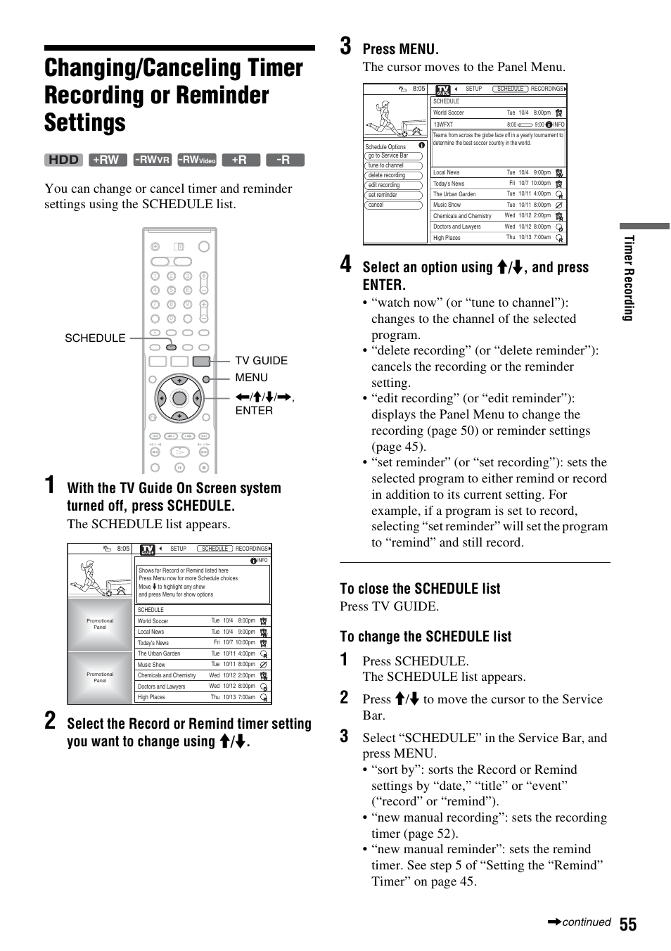 Press menu, Select an option using m / m , and press enter, The schedule list appears | The cursor moves to the panel menu, Press tv guide, Press schedule. the schedule list appears, Press m/m to move the cursor to the service bar, Ti me r re co rd in g, Rhdd | Sony RDR-HX715 User Manual | Page 55 / 124