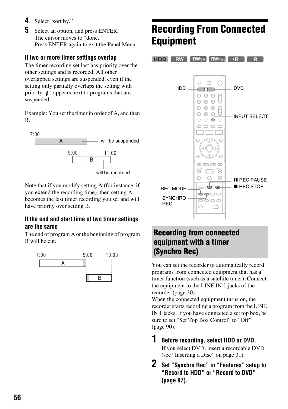 Recording from connected equipment | Sony RDR-HX715 User Manual | Page 56 / 124