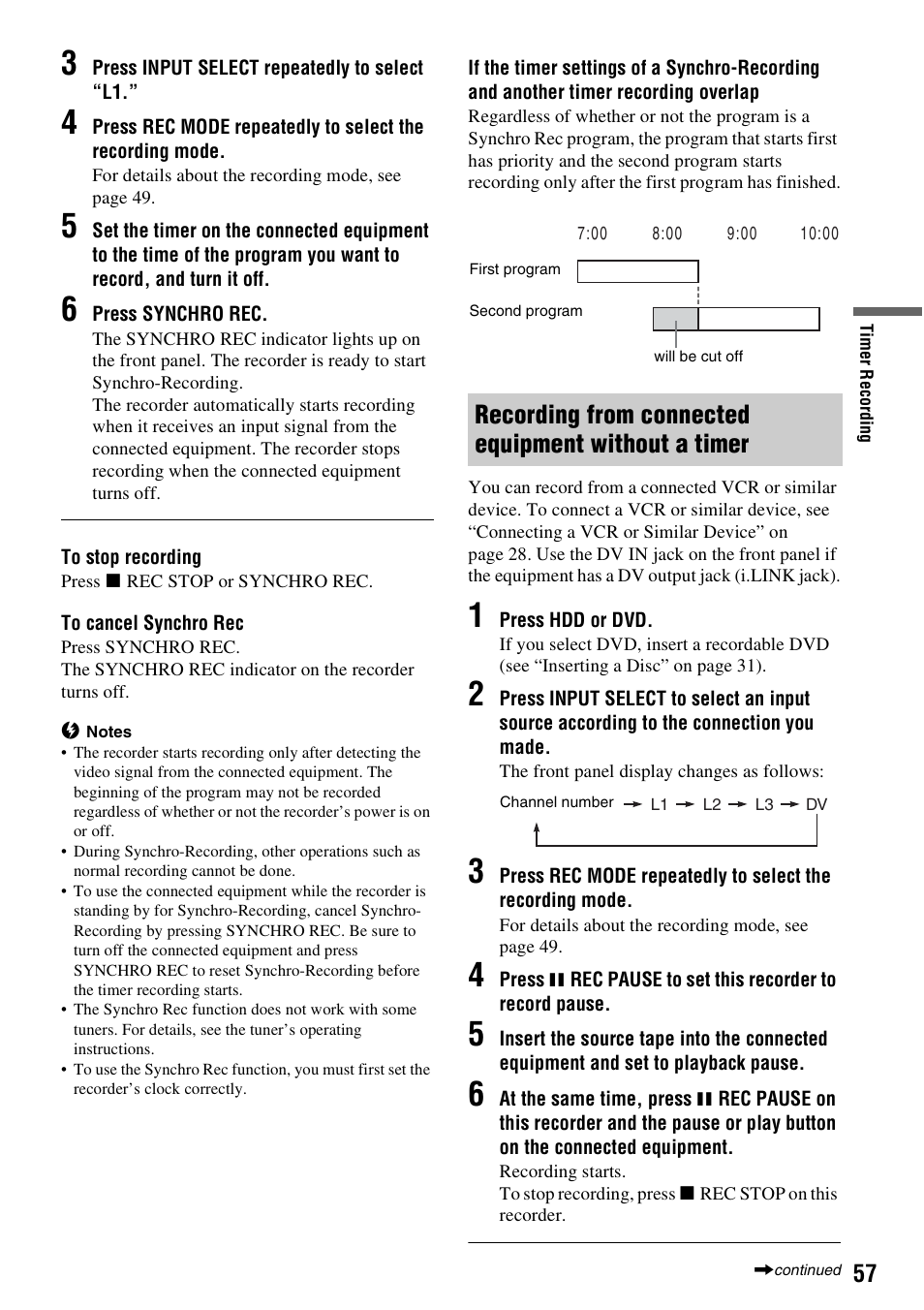 Recording from connected equipment without a timer | Sony RDR-HX715 User Manual | Page 57 / 124