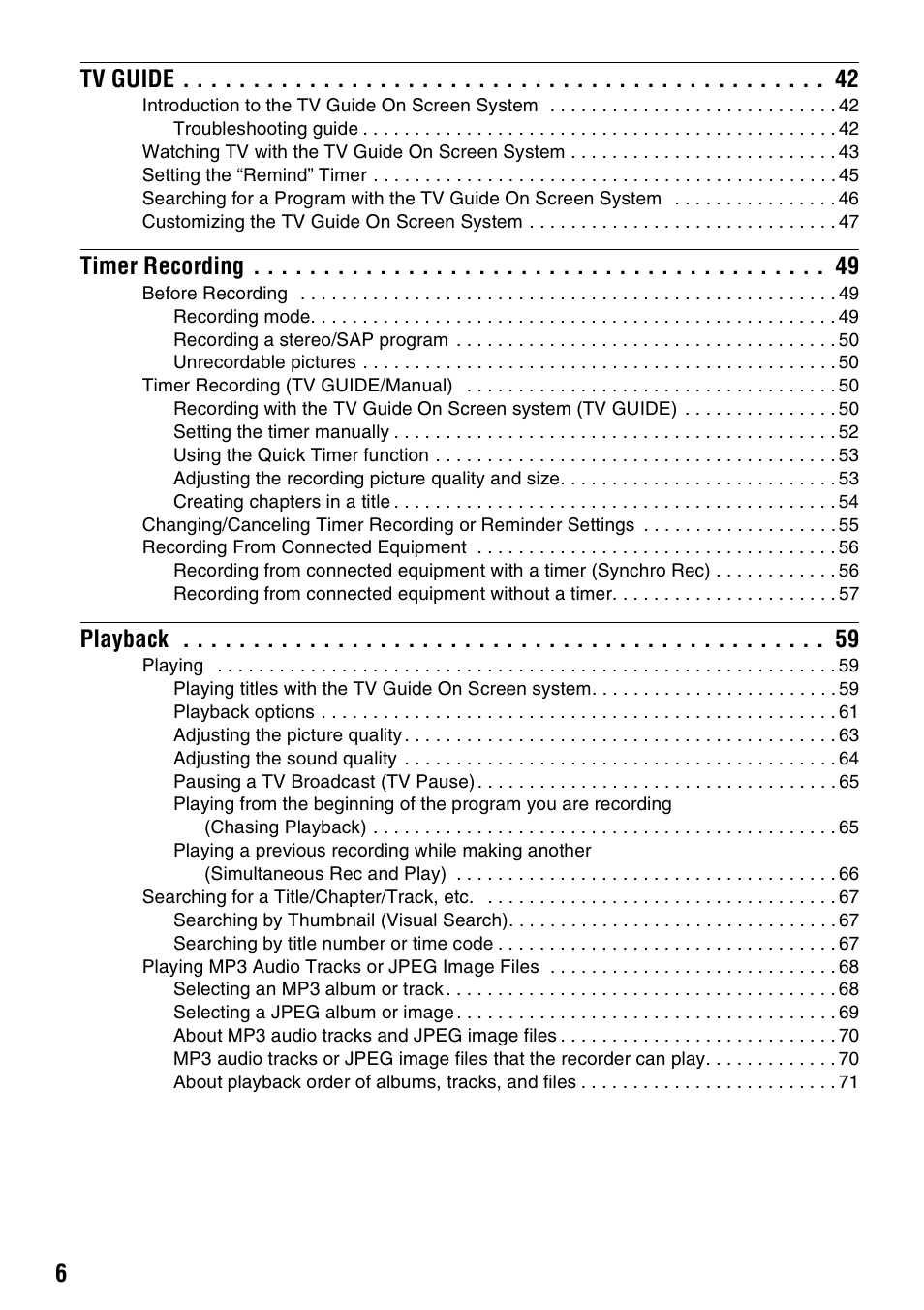 6tv guide, Timer recording, Playback | Sony RDR-HX715 User Manual | Page 6 / 124