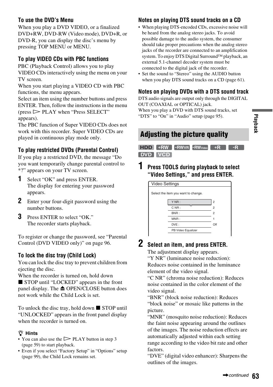 Adjusting the picture quality | Sony RDR-HX715 User Manual | Page 63 / 124