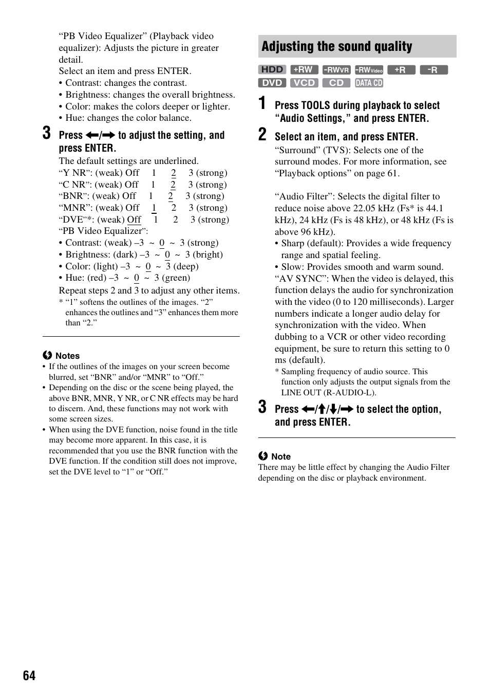 Adjusting the sound quality | Sony RDR-HX715 User Manual | Page 64 / 124