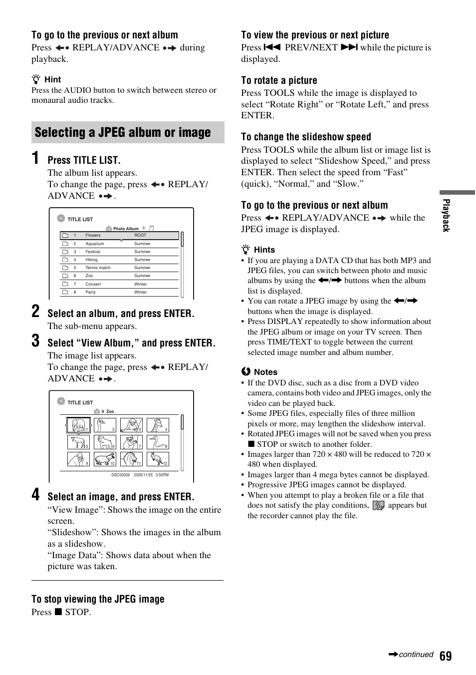 Selecting a jpeg album or image, Press title list, Select an album, and press enter | Select “view album,” and press enter, Select an image, and press enter | Sony RDR-HX715 User Manual | Page 69 / 124