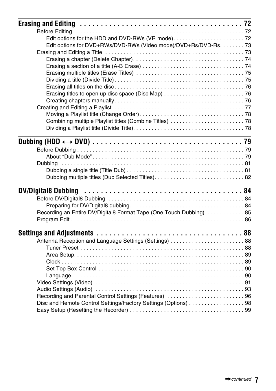 7erasing and editing, Dubbing (hdd y dvd), Dv/digital8 dubbing | Settings and adjustments | Sony RDR-HX715 User Manual | Page 7 / 124