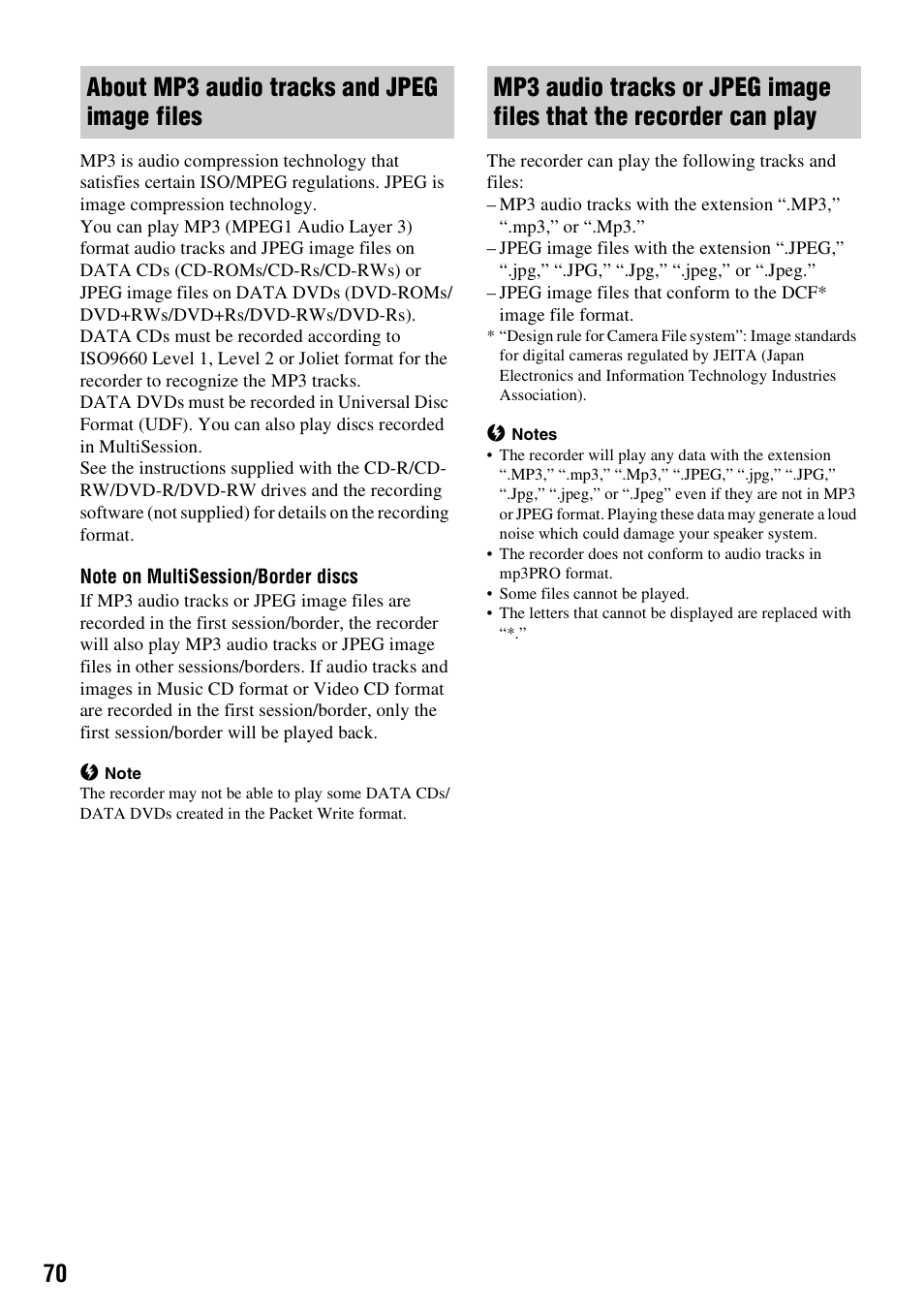 About mp3 audio tracks and jpeg image files | Sony RDR-HX715 User Manual | Page 70 / 124