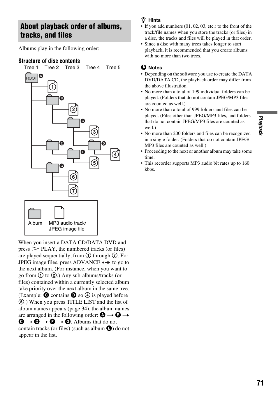 About playback order of albums, tracks, and files | Sony RDR-HX715 User Manual | Page 71 / 124