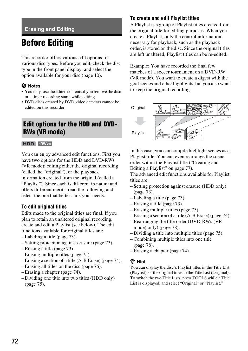 Erasing and editing, Before editing, Edit options for the hdd and dvd- rws (vr mode) | Edit options for the hdd and dvd-rws (vr mode) | Sony RDR-HX715 User Manual | Page 72 / 124