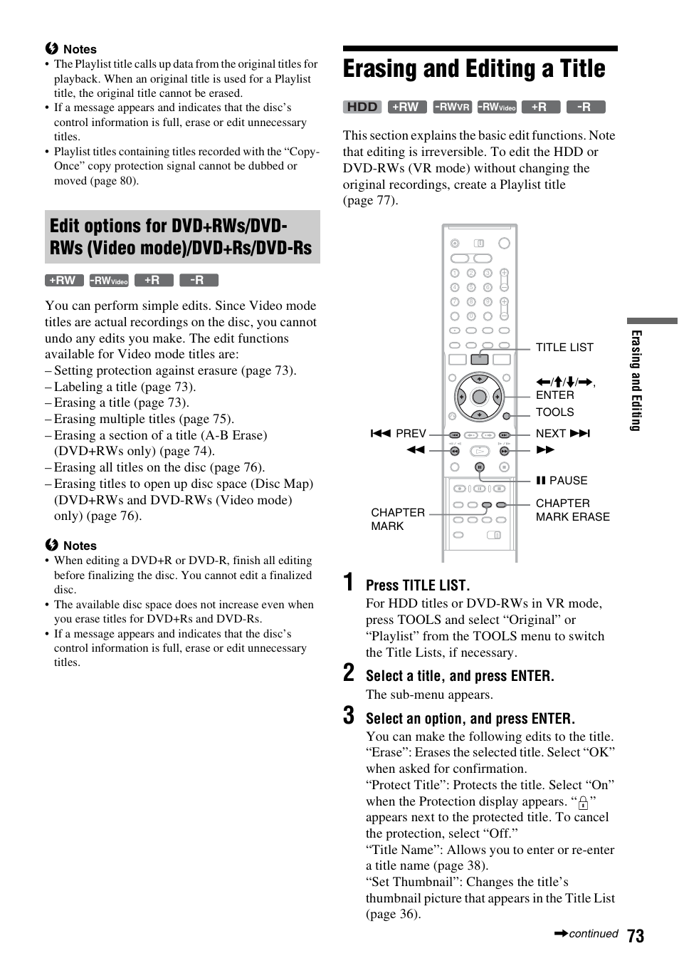 Erasing and editing a title, Press title list, Select a title, and press enter | Select an option, and press enter | Sony RDR-HX715 User Manual | Page 73 / 124