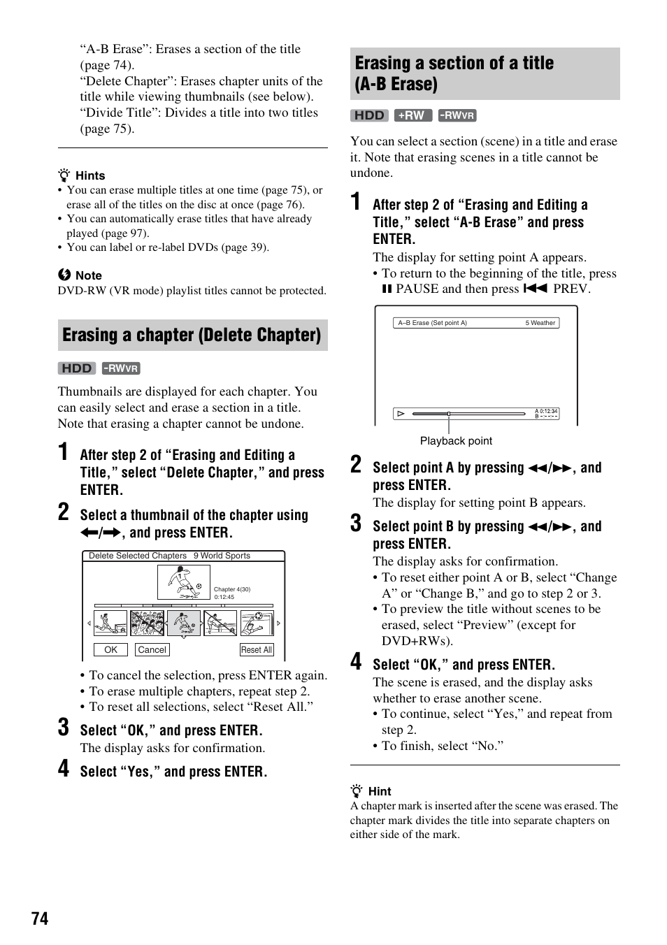 Erasing a chapter (delete chapter), Erasing a section of a title (a-b erase) | Sony RDR-HX715 User Manual | Page 74 / 124