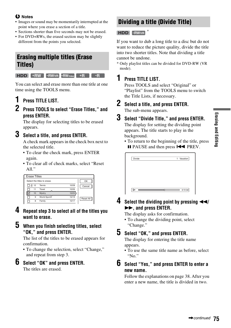 Erasing multiple titles (erase titles), Dividing a title (divide title) | Sony RDR-HX715 User Manual | Page 75 / 124