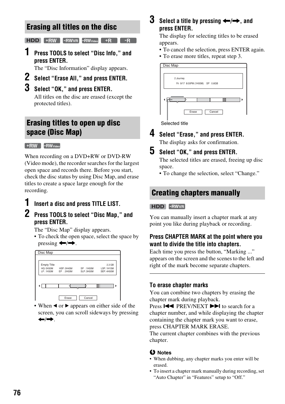 Erasing all titles on the disc, Erasing titles to open up disc space (disc map), Creating chapters manually | Sony RDR-HX715 User Manual | Page 76 / 124