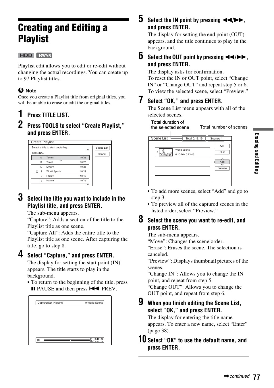 Creating and editing a playlist, Press title list, Select “capture,” and press enter | Select “ok,” and press enter | Sony RDR-HX715 User Manual | Page 77 / 124