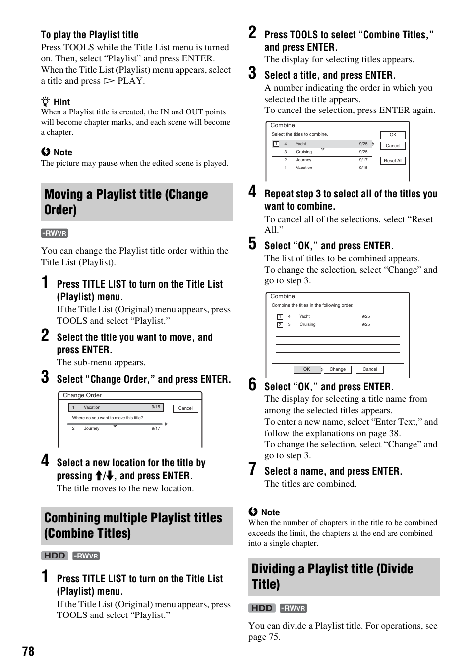 Moving a playlist title (change order), Dividing a playlist title (divide title) | Sony RDR-HX715 User Manual | Page 78 / 124