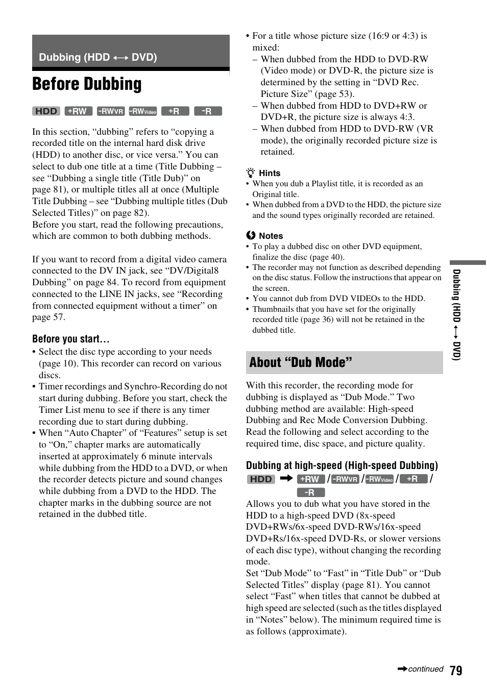 Dubbing (hdd y dvd), Before dubbing, About “dub mode | Dubbing (hdd | Sony RDR-HX715 User Manual | Page 79 / 124