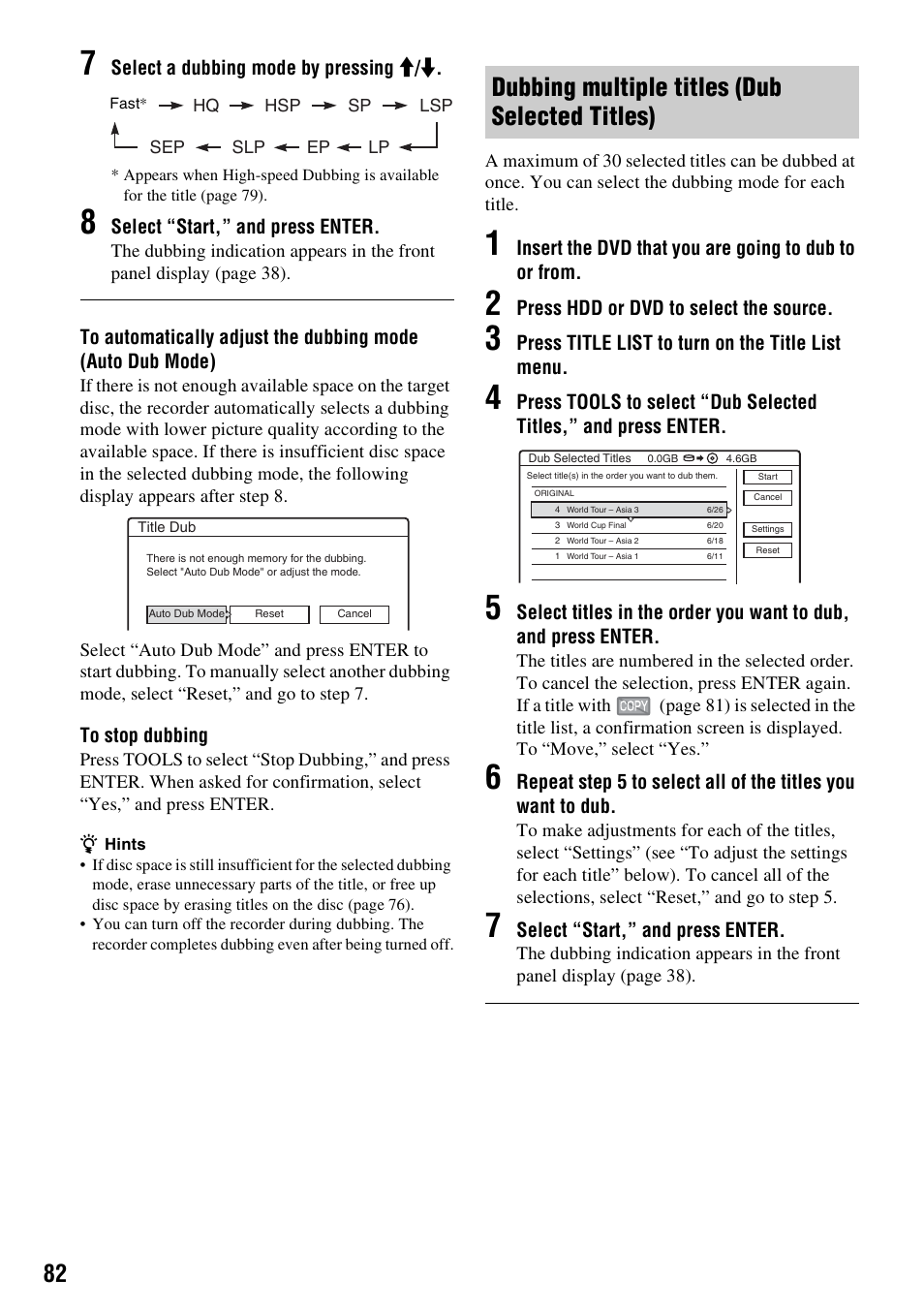 Dubbing multiple titles (dub selected titles) | Sony RDR-HX715 User Manual | Page 82 / 124