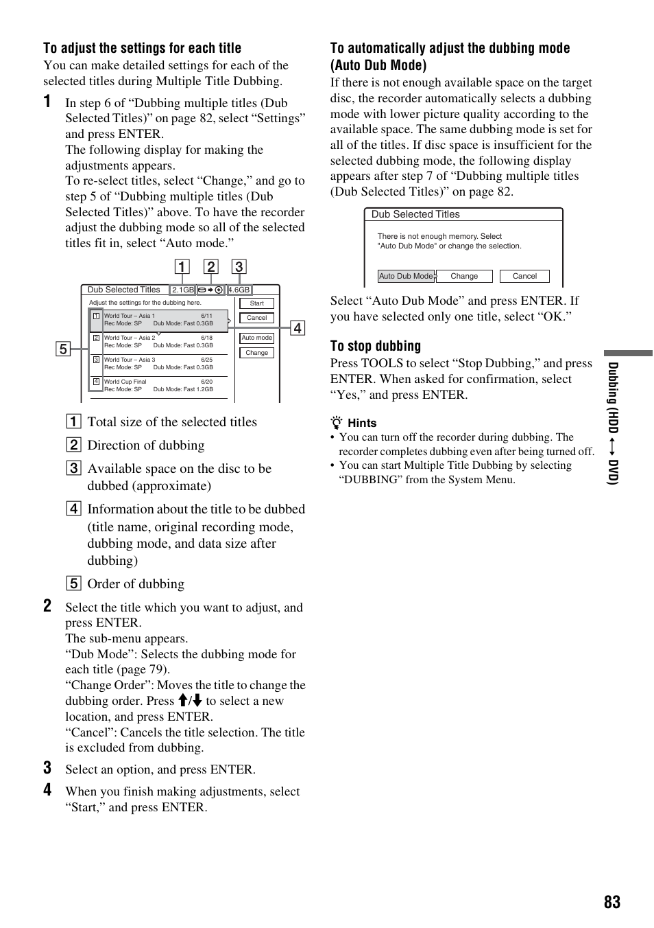 To adjust the settings for each title” b, Select an option, and press enter, Du b b in g (h dd y dv d) | Sony RDR-HX715 User Manual | Page 83 / 124