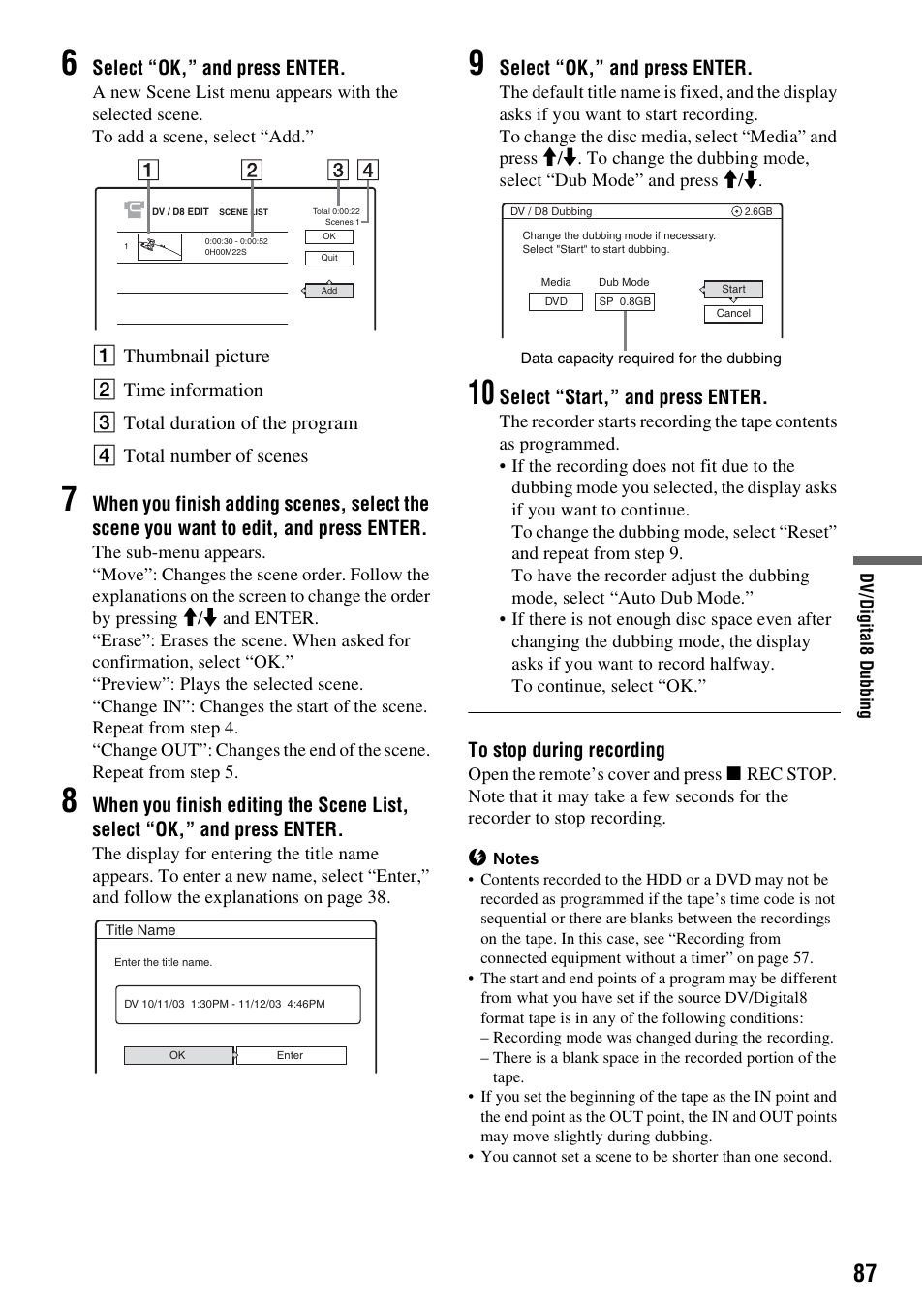 Select “ok,” and press enter, Select “start,” and press enter | Sony RDR-HX715 User Manual | Page 87 / 124