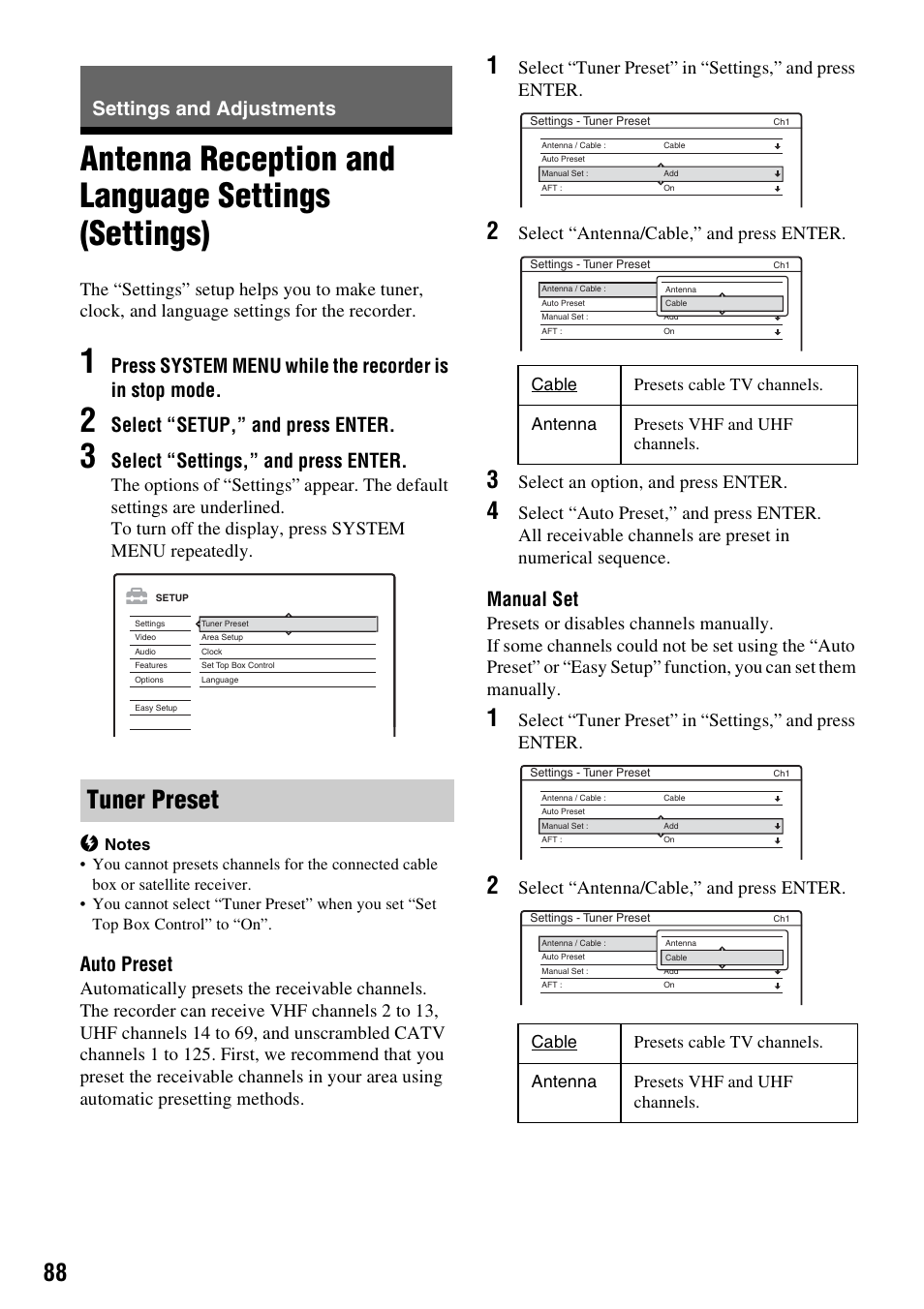 Settings and adjustments, Antenna reception and language settings (settings), Tuner preset | Select “setup,” and press enter, Select “settings,” and press enter, Auto preset, Manual set, Select “antenna/cable,” and press enter, Select an option, and press enter | Sony RDR-HX715 User Manual | Page 88 / 124