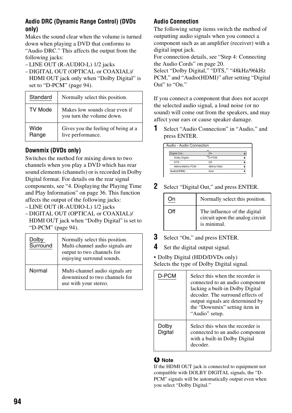 Audio drc (dynamic range control) (dvds only), Downmix (dvds only), Audio connection | Sony RDR-HX715 User Manual | Page 94 / 124