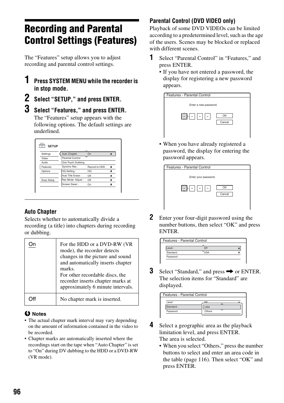 Recording and parental control settings (features), Select “setup,” and press enter, Select “features,” and press enter | Auto chapter, Parental control (dvd video only) | Sony RDR-HX715 User Manual | Page 96 / 124