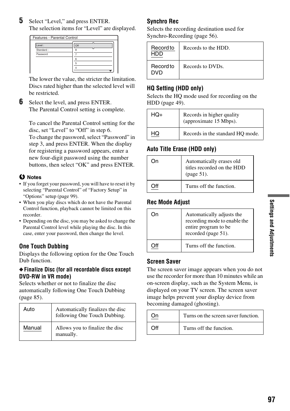 One touch dubbing, Synchro rec, Hq setting (hdd only) | Sony RDR-HX715 User Manual | Page 97 / 124