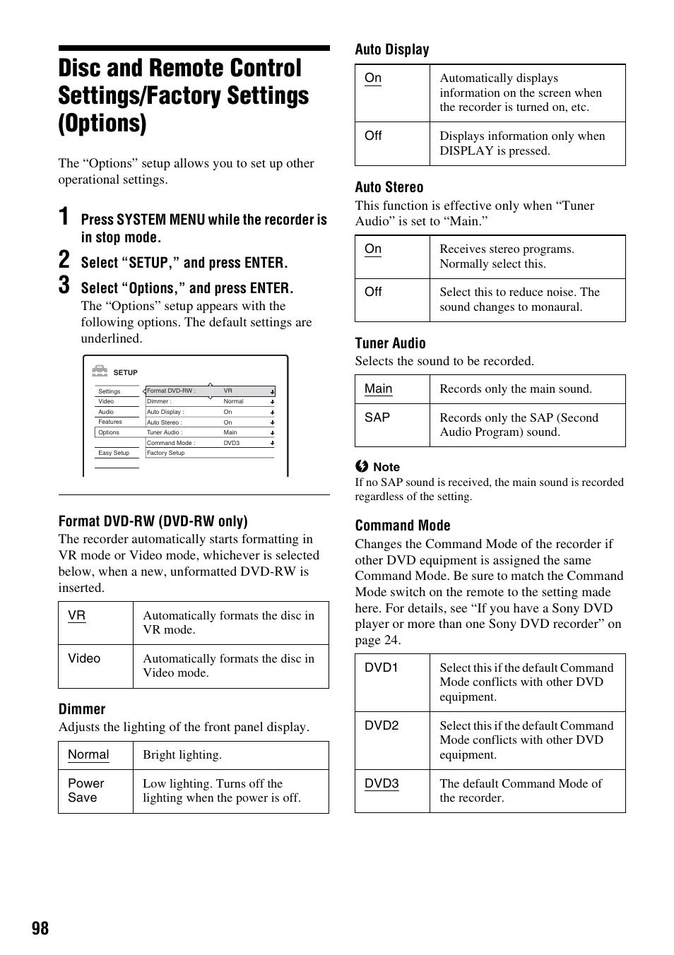 Select “setup,” and press enter, Select “options,” and press enter, Format dvd-rw (dvd-rw only) | Dimmer, Auto display auto stereo, Tuner audio, Command mode | Sony RDR-HX715 User Manual | Page 98 / 124