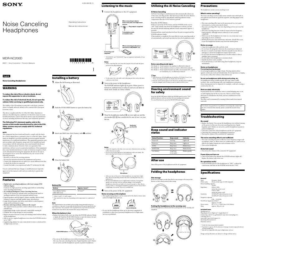 Sony MDR-NC200D User Manual | 2 pages