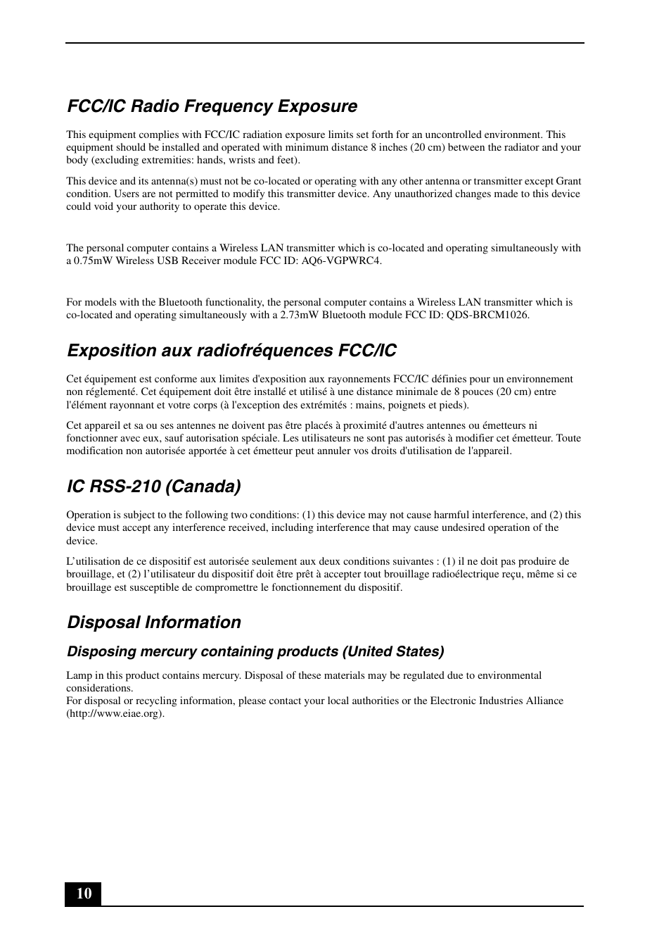 Fcc/ic radio frequency exposure, Exposition aux radiofréquences fcc/ic, Ic rss-210 (canada) | Disposal information | Sony VGC-LV180J User Manual | Page 10 / 16