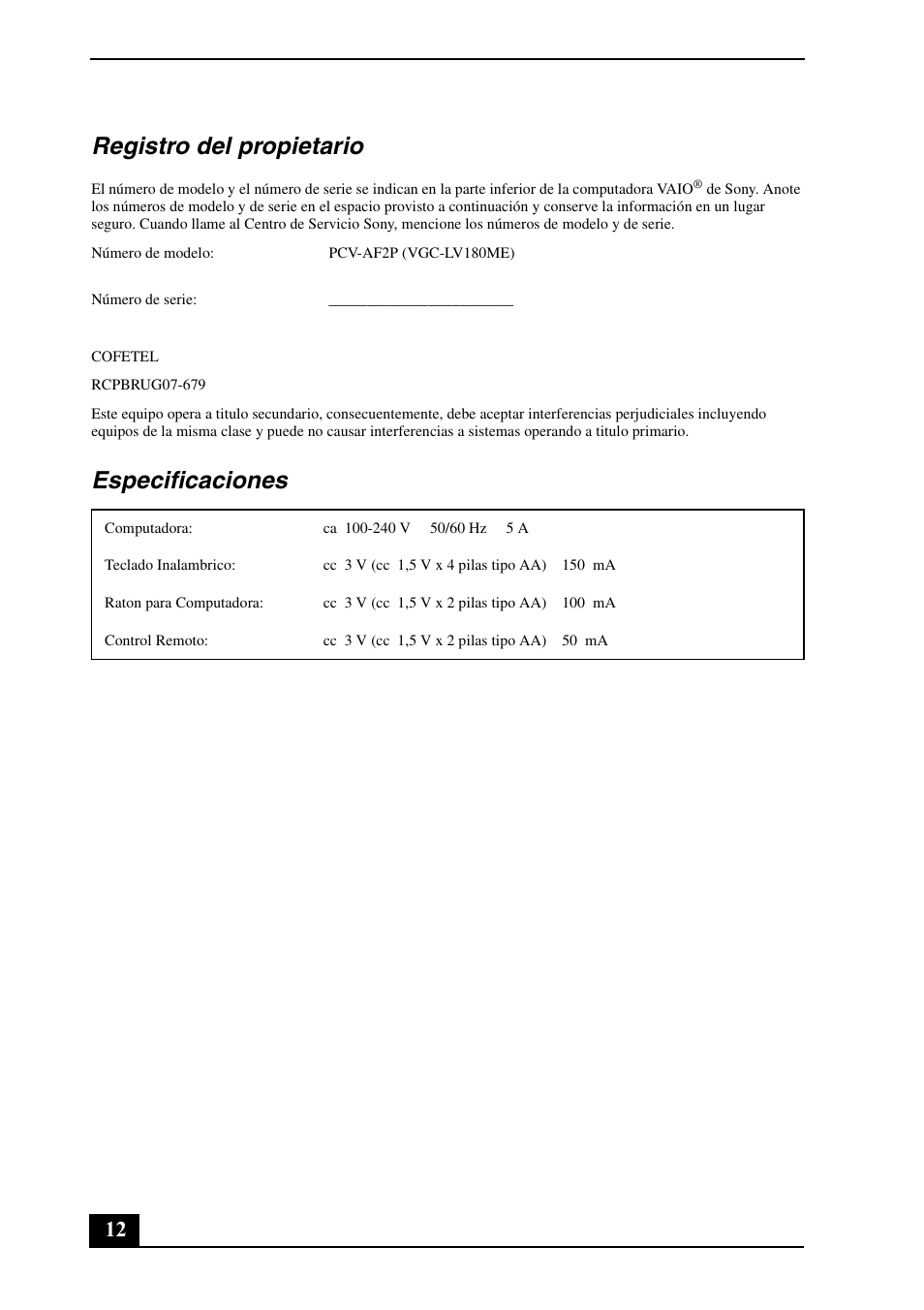 Registro del propietario, Especificaciones | Sony VGC-LV180J User Manual | Page 12 / 16