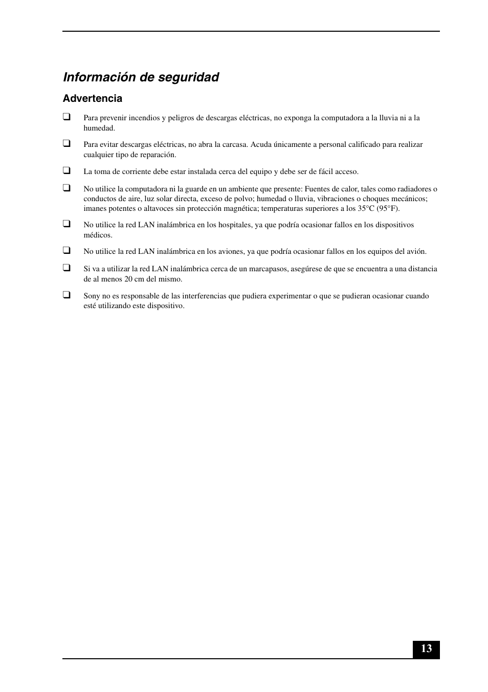 Información de seguridad | Sony VGC-LV180J User Manual | Page 13 / 16