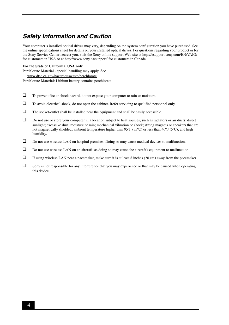 Safety information and caution | Sony VGC-LV180J User Manual | Page 4 / 16