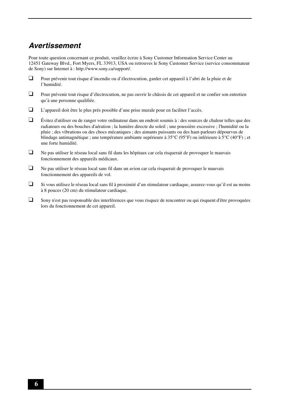 Avertissement | Sony VGC-LV180J User Manual | Page 6 / 16