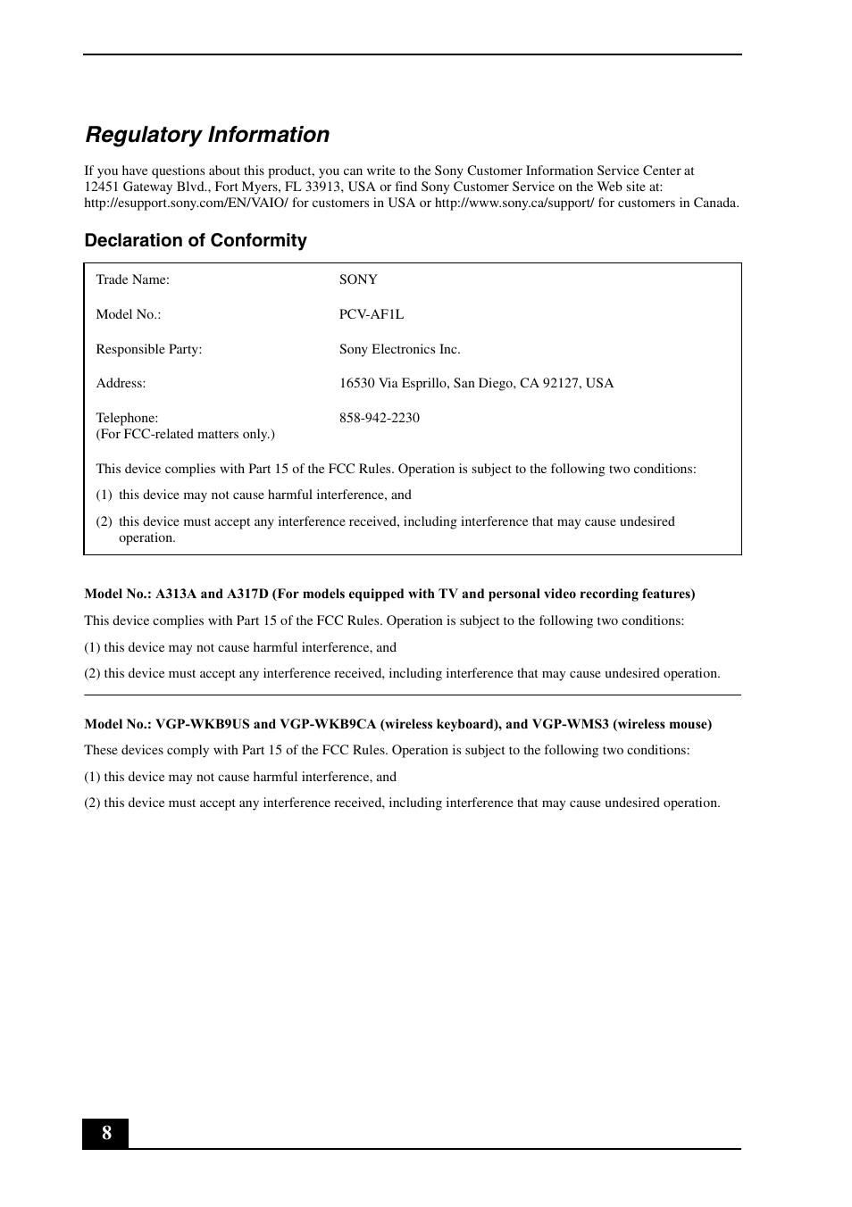 Regulatory information, Declaration of conformity | Sony VGC-LV180J User Manual | Page 8 / 16