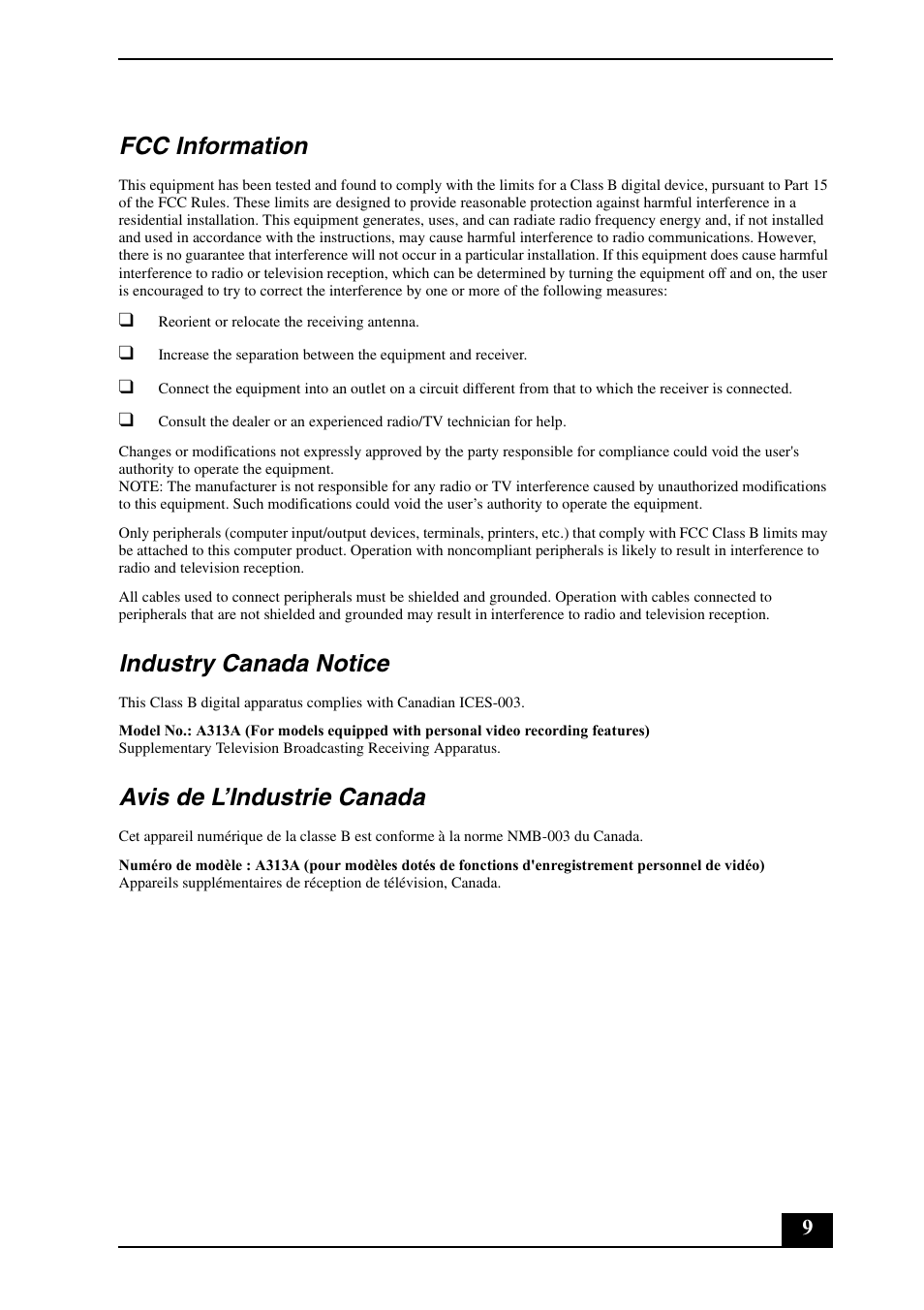 Fcc information, Industry canada notice, Avis de l’industrie canada | Sony VGC-LV180J User Manual | Page 9 / 16